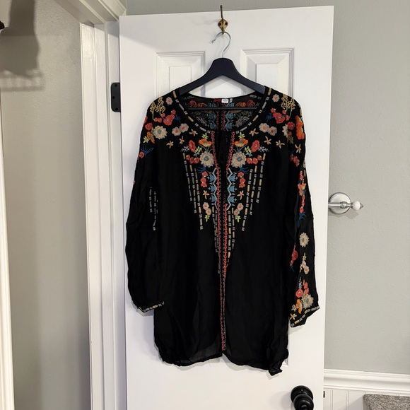 Johnny Was Tops - Johnny Was Black Embroidered Boho Tunic Top Long Sleeve Size L